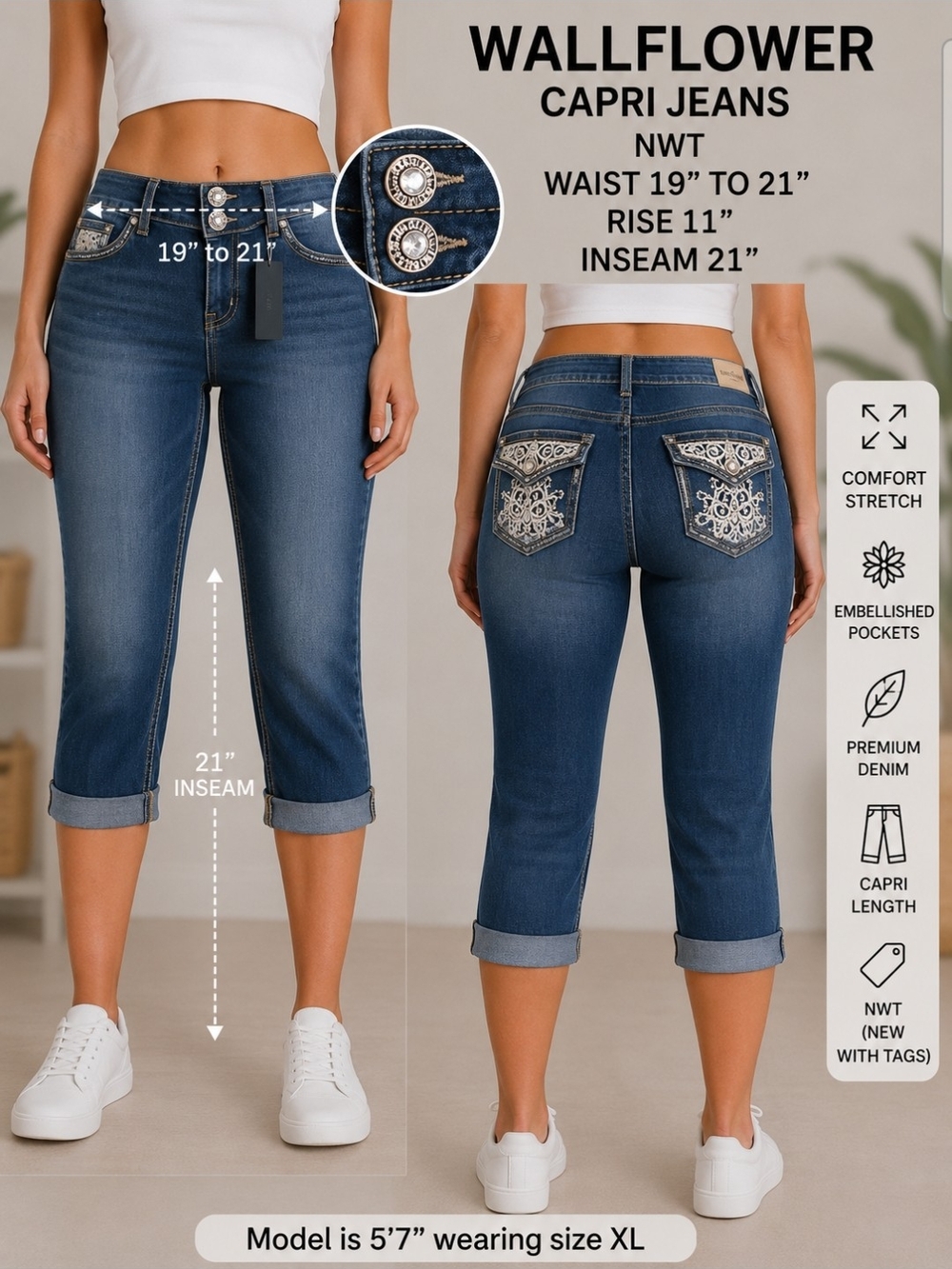 Wallflower Dark Blue Embroidered Cropped Capri Jeans